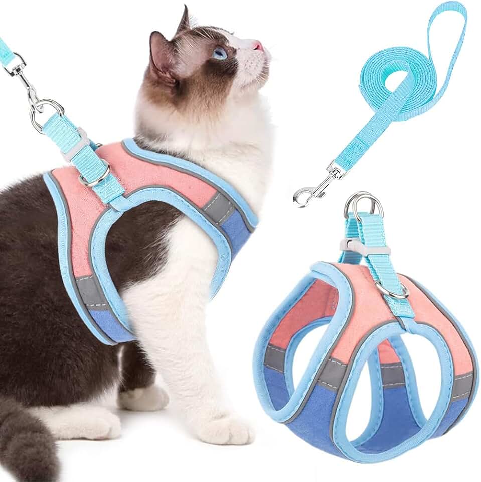Qpets® Cat Vest Harness with 1.5m Leash Adjustable Size Pet Vest Harness Breathable Suede Fabric with Safety Reflective Strip Cat Harness for Small Cat Dog